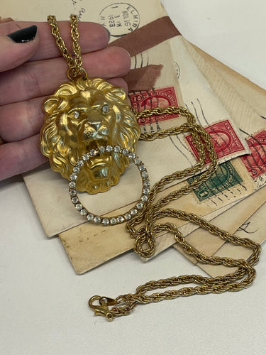 1990’s Gold Lion Rhinestone Door Knocker Necklace Bloomers and Frocks